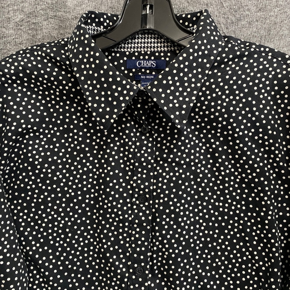 Chaps No Iron Shirt Womens 2X Black Polka Dot Houndstooth Button Up Flip Cuff - Picture 3 of 9